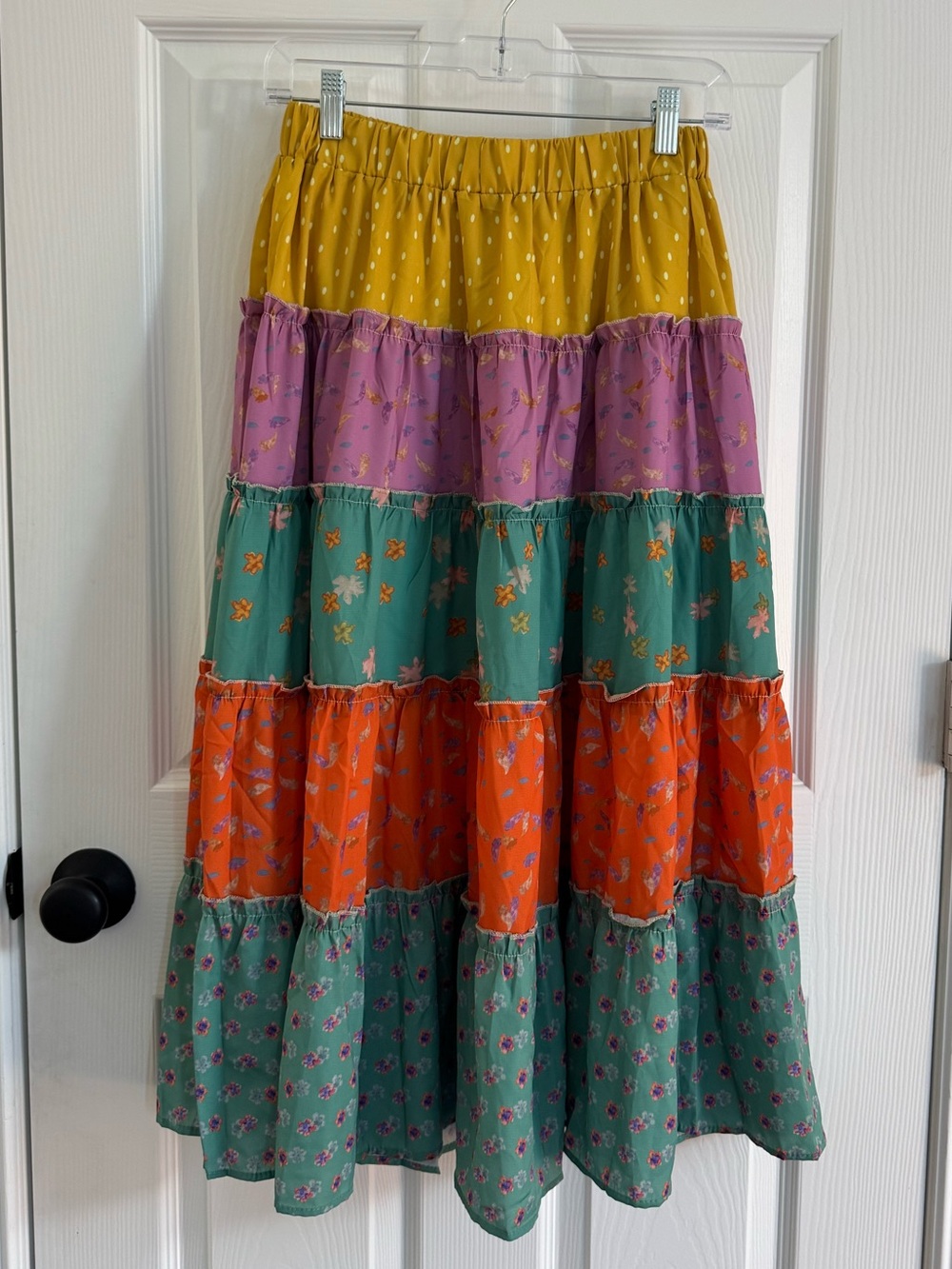 🤎Beulah🤎 Mustard, Lavender, Teal & Orange Tiered Maxi Skirt (OS)